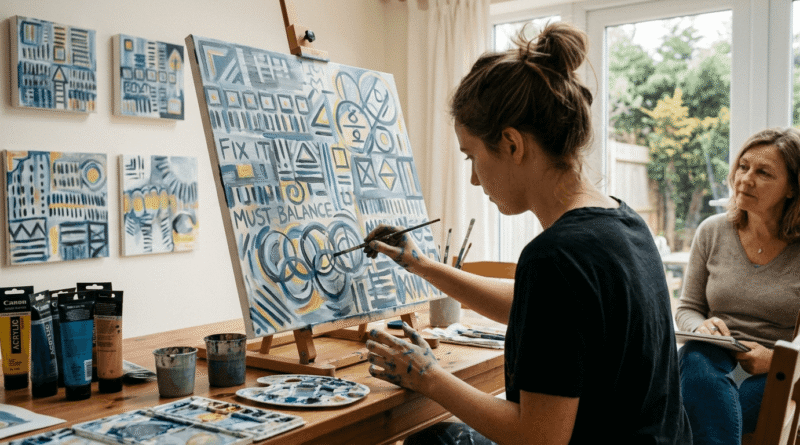Person expressing OCD thoughts through painting during an art therapy session for emotional healing.