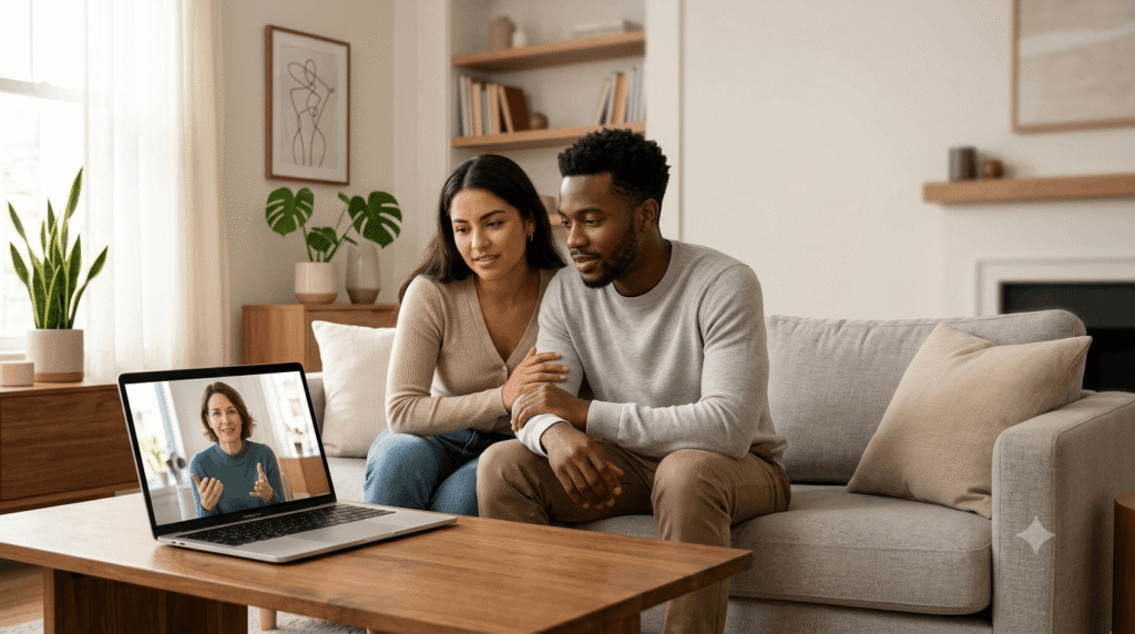 Person attending online counselling to manage anger and improve relationship communication.