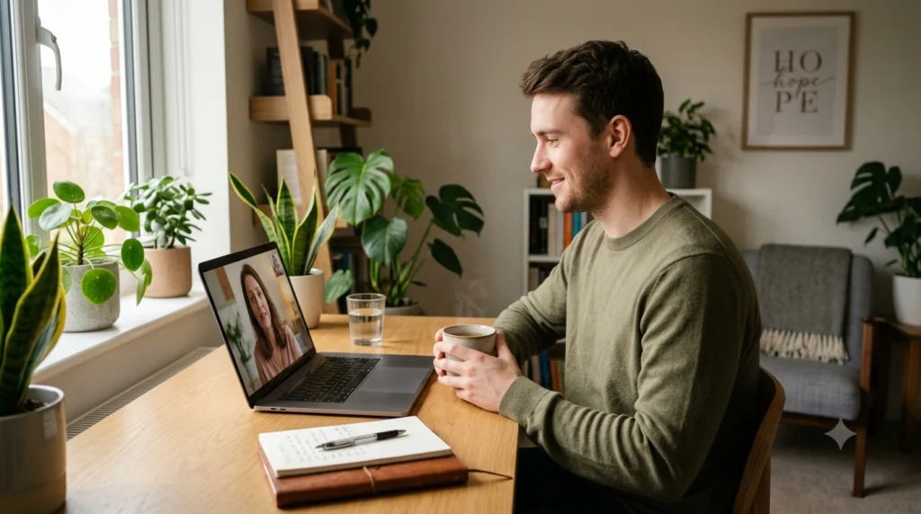 Person receiving online anxiety counselling session for lasting anxiety relief.