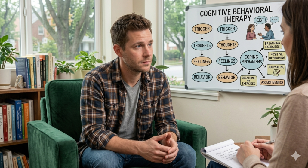 Person receiving online therapy to control emotional outbursts linked to personality disorders.