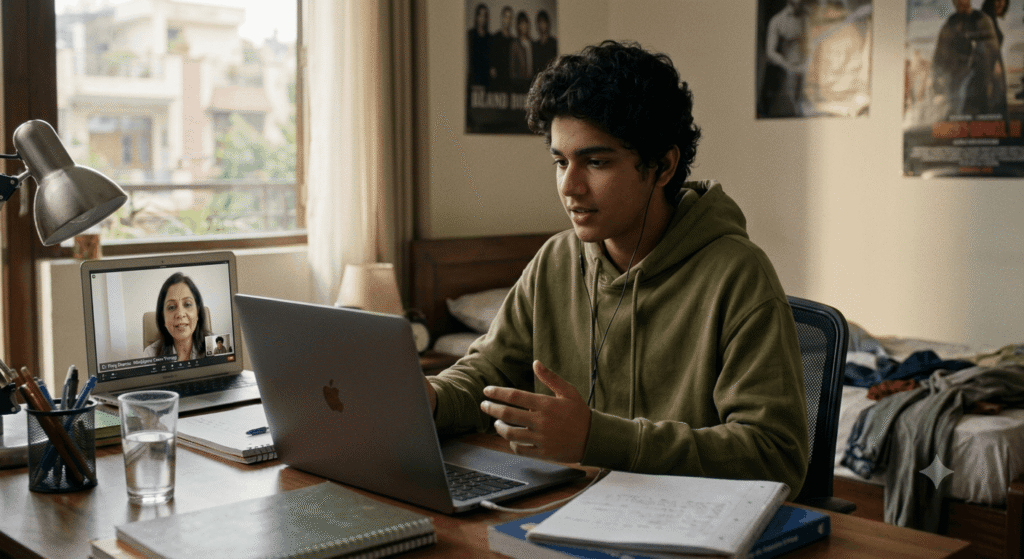 Teenager attending a virtual psychiatry session on a laptop with professional mental health support online.