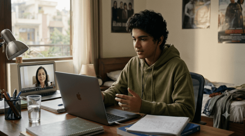 Teenager attending a virtual psychiatry session on a laptop with professional mental health support online.