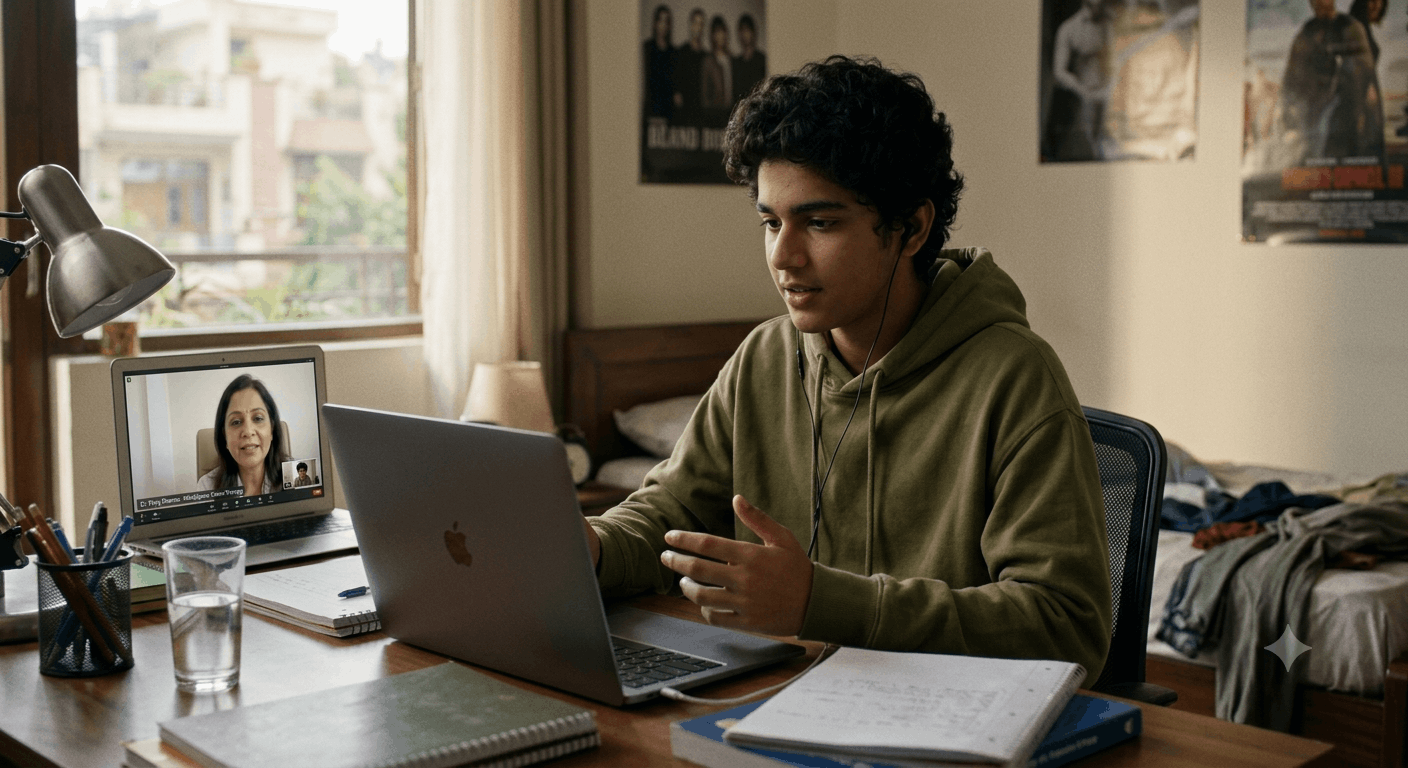 Teenager attending a virtual psychiatry session on a laptop with professional mental health support online.