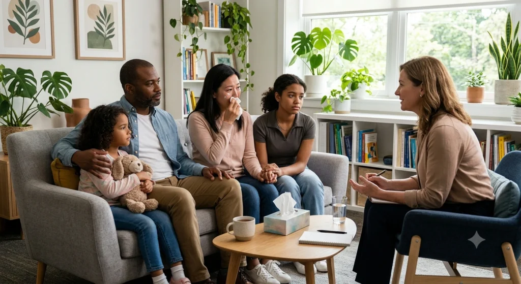 Family participating in family therapy to cope with grief, improve communication, and heal after losing a loved one.