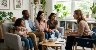 Family participating in family therapy to cope with grief, improve communication, and heal after losing a loved one.