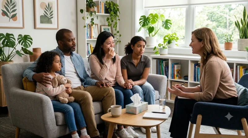 Family participating in family therapy to cope with grief, improve communication, and heal after losing a loved one.