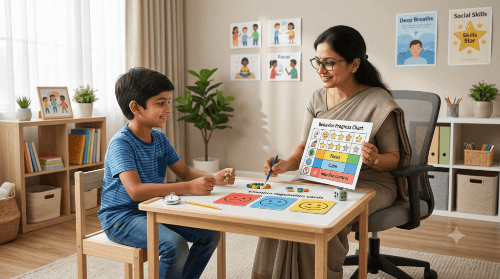 ADHD behavioural therapy session helping a child improve focus, emotional control, and social skills.