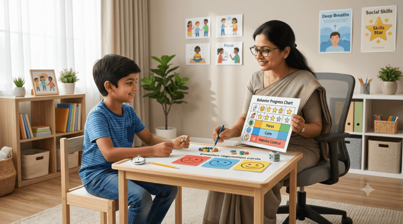ADHD behavioural therapy session helping a child improve focus, emotional control, and social skills.