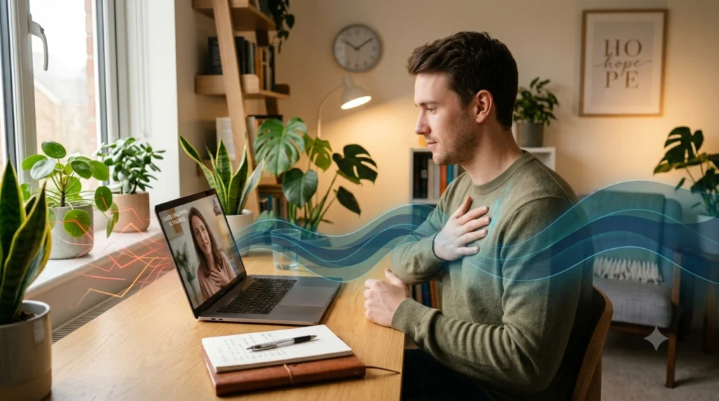Person learning exposure therapy for panic disorder with therapist guidance online