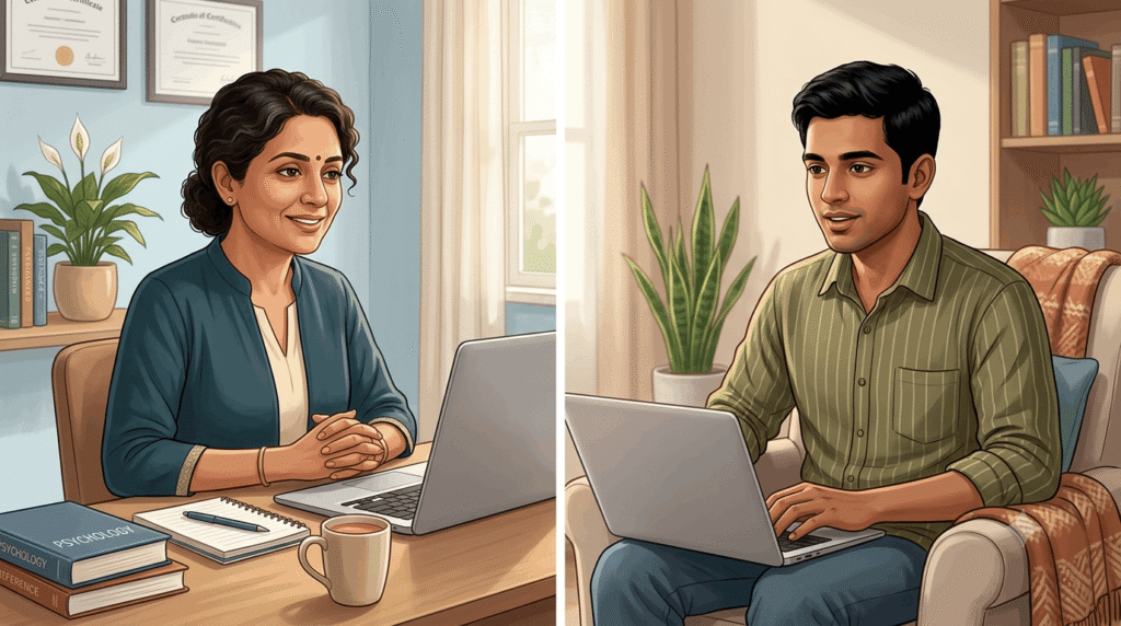 Professional psychologists providing online mental health support to an individual seeking emotional guidance.