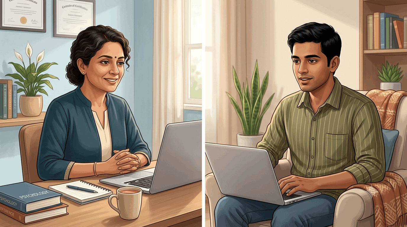 Professional psychologists providing online mental health support to an individual seeking emotional guidance.