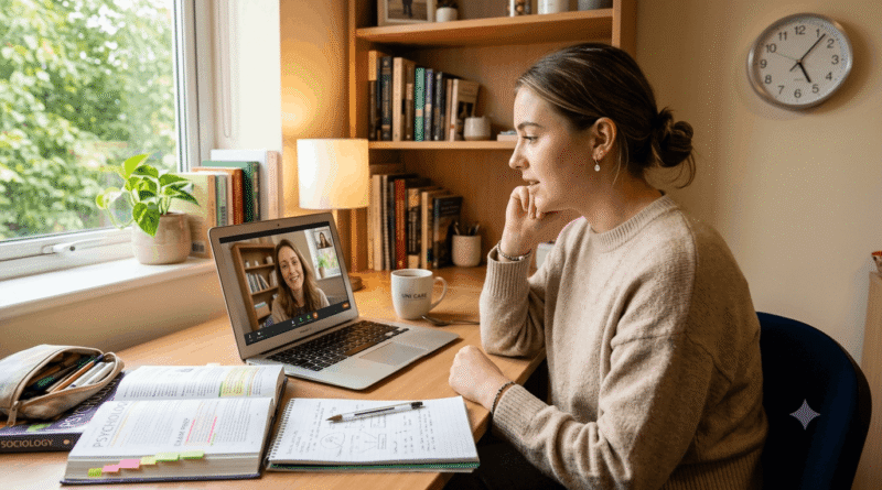 Student receiving session from an online counsellor to manage exam stress & academic pressure.