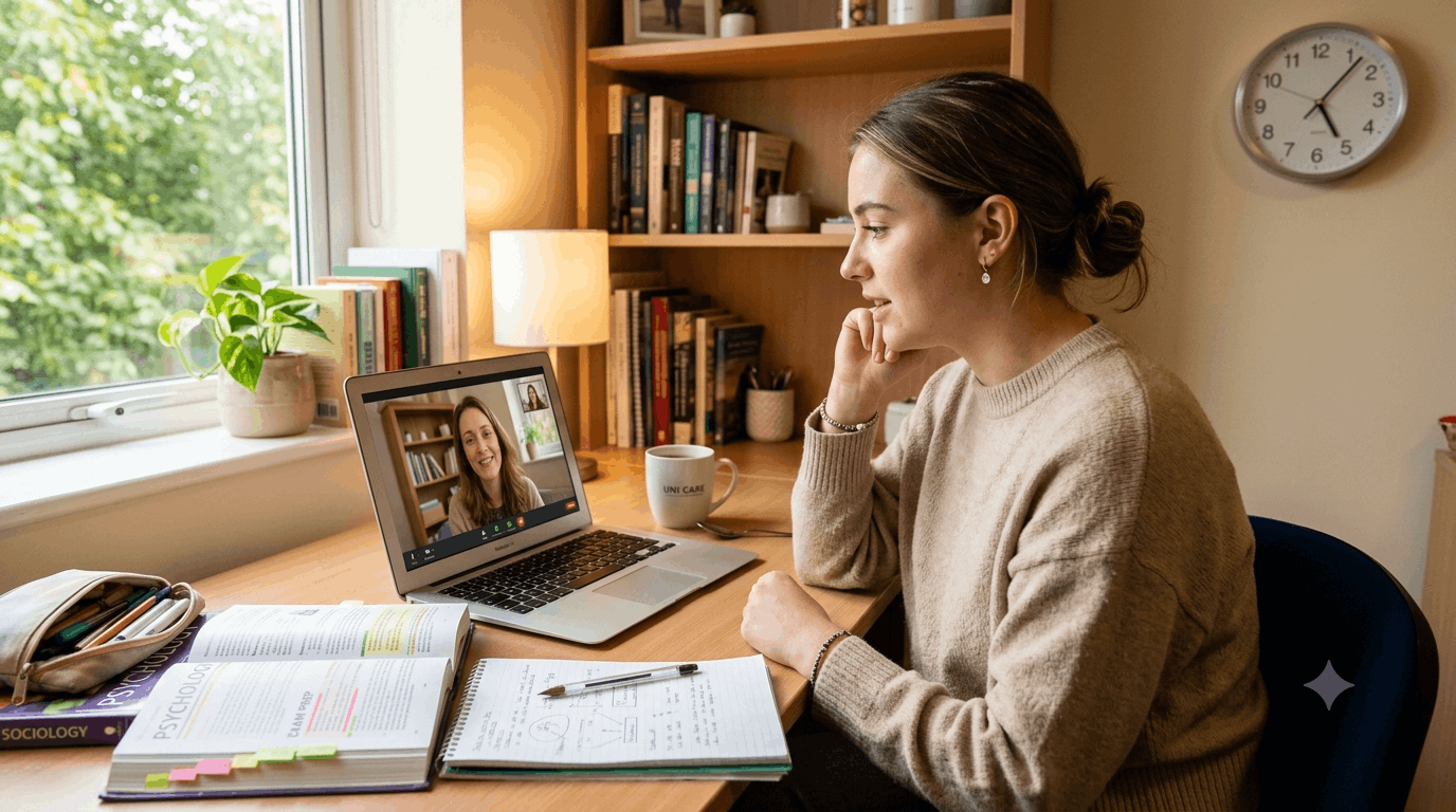 Student receiving session from an online counsellor to manage exam stress & academic pressure.