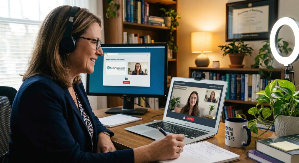 Online psychologists conducting a virtual therapy session with a client through a secure video consultation platform.