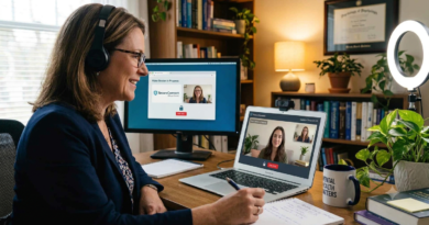 Online psychologists conducting a virtual therapy session with a client through a secure video consultation platform.