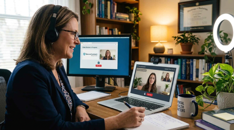 Online psychologists conducting a virtual therapy session with a client through a secure video consultation platform.