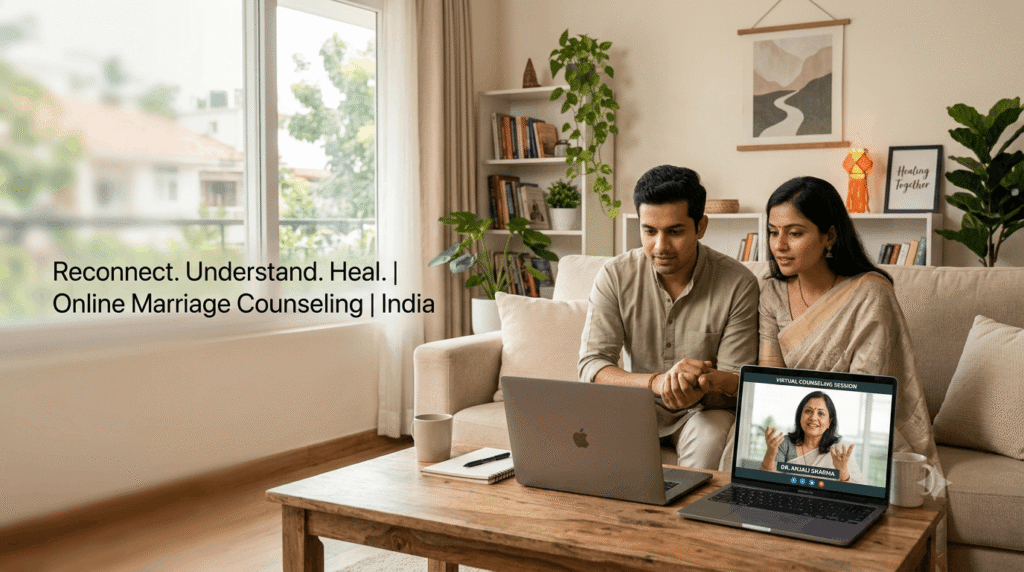 Couple attending online marriage counselling session to rebuild trust and strengthen their relationship.