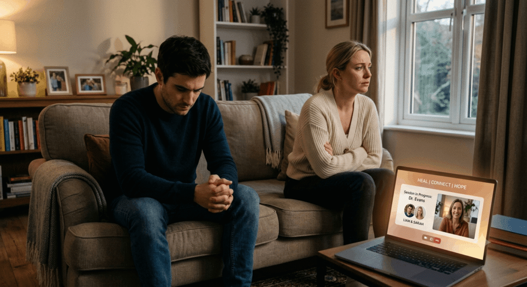 Couple experiencing relationship stress seeking session from online couple counsellor support for emotional healing