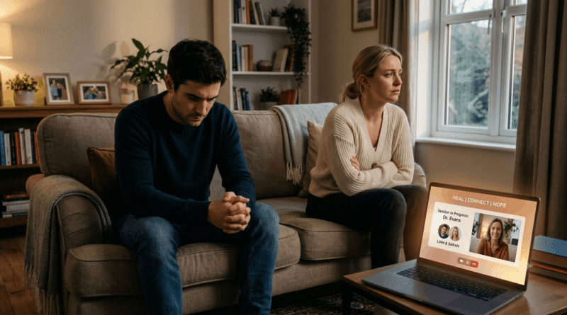 Couple experiencing relationship stress seeking session from online couple counsellor support for emotional healing