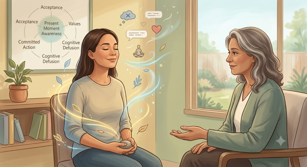 Person practicing Acceptance and Commitment Therapy (ACT) to reduce chronic stress