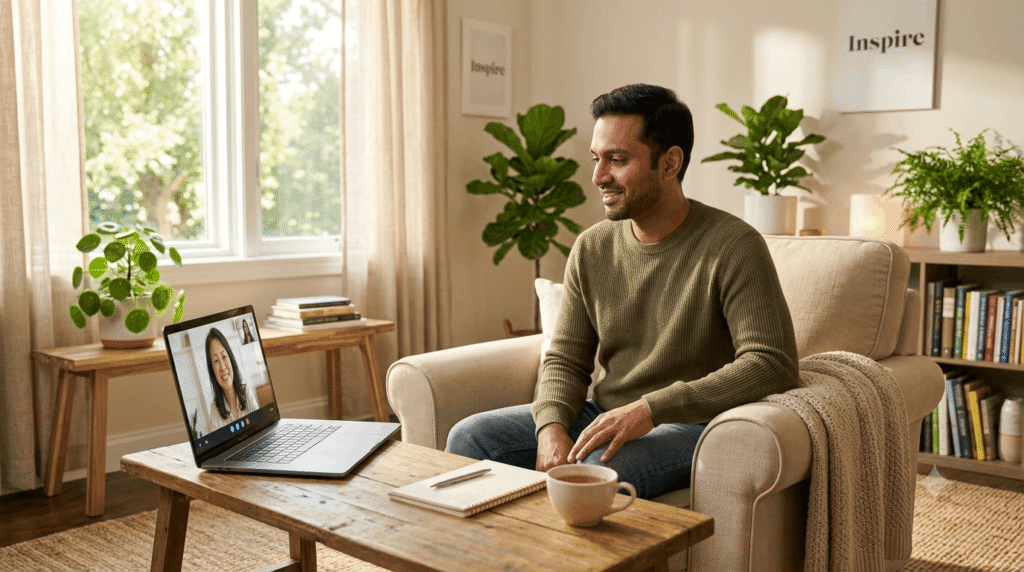Person attending PTSD counselling online from home for trauma recovery and emotional healing.