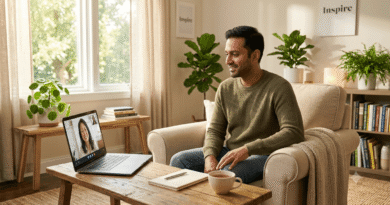 Person attending PTSD counselling online from home for trauma recovery and emotional healing.