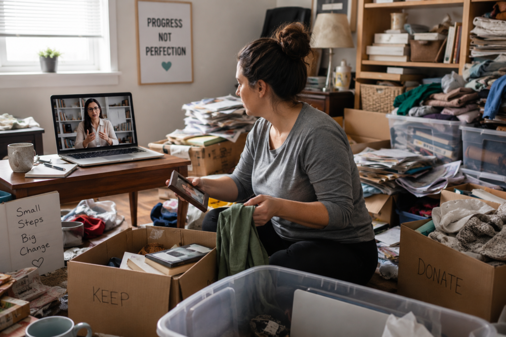 Person receiving online counselling for hoarding disorder while organizing clutter at home.