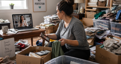Person receiving online counselling for hoarding disorder while organizing clutter at home.