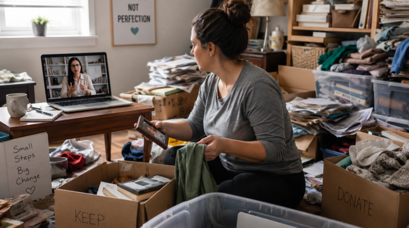 Person receiving online counselling for hoarding disorder while organizing clutter at home.