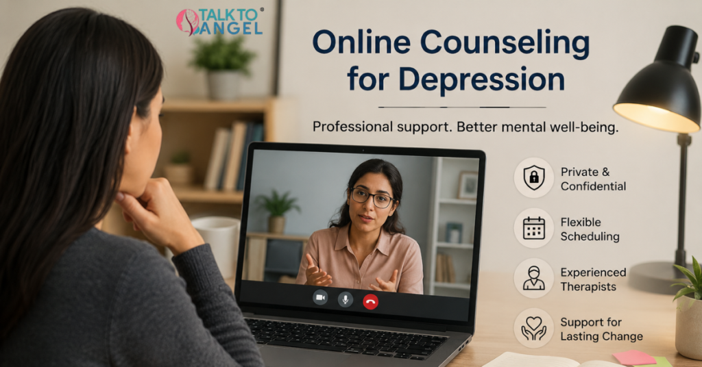 Person attending an online counseling session for depression symptoms through a secure video consultation platform.