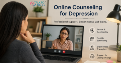 Person attending an online counseling session for depression symptoms through a secure video consultation platform.