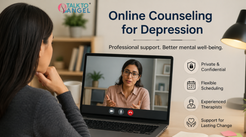 Person attending an online counseling session for depression symptoms through a secure video consultation platform.