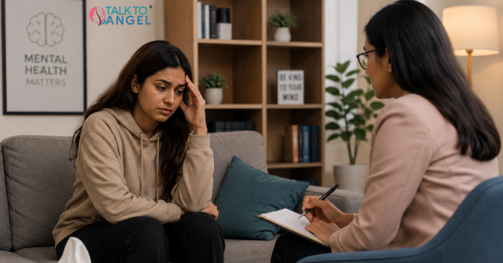 Person receiving online counselling for psychological disorders through a secure video therapy session.