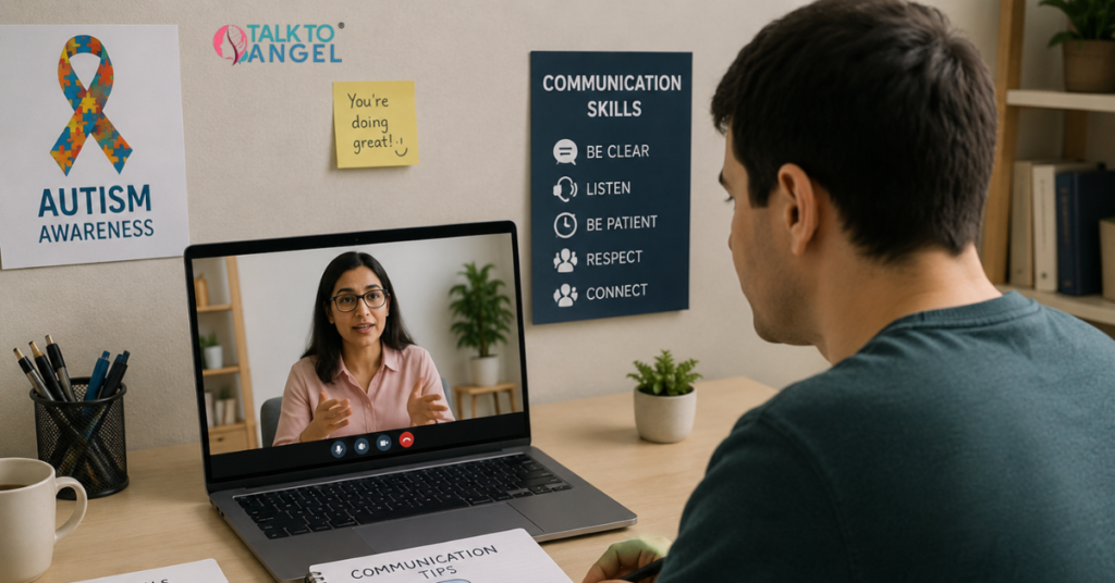 Adult with autism attending an online therapy session to improve communication skills and social interaction.