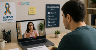 Adult with autism attending an online therapy session to improve communication skills and social interaction.