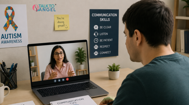 Adult with autism attending an online therapy session to improve communication skills and social interaction.