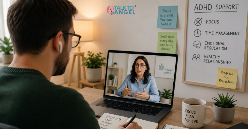 Adult attending an online therapy session for ADHD support, improving focus, time management, and emotional control.
