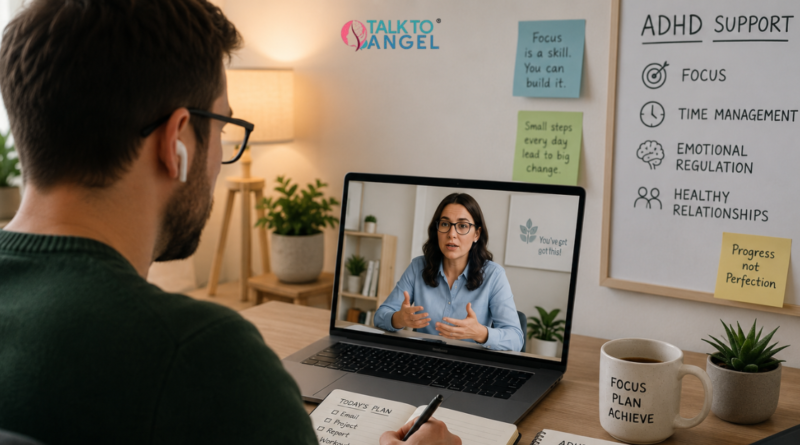 Adult attending an online therapy session for ADHD support, improving focus, time management, and emotional control.