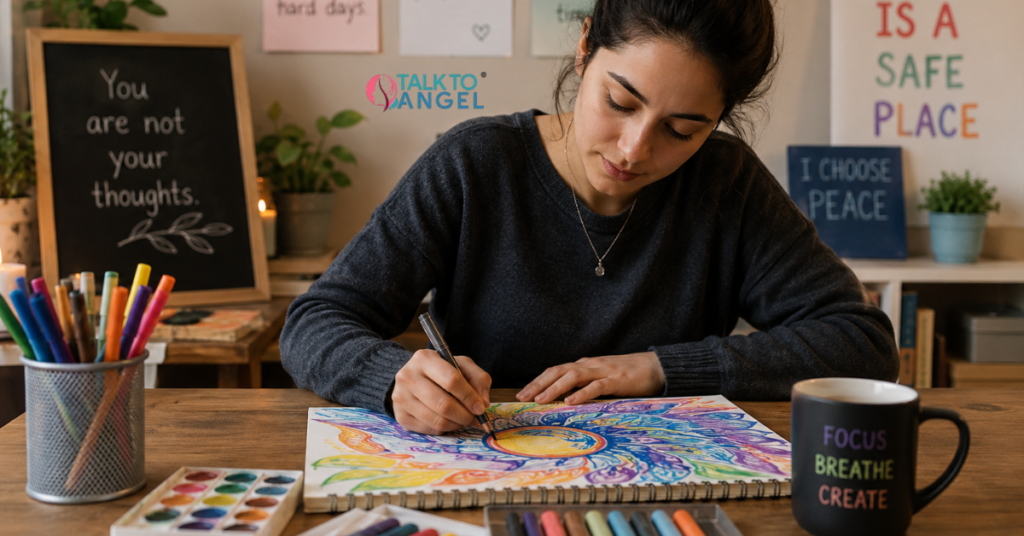 Person creating artwork during art therapy to manage OCD symptoms and reduce anxiety through creative expression.