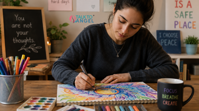 Person creating artwork during art therapy to manage OCD symptoms and reduce anxiety through creative expression.