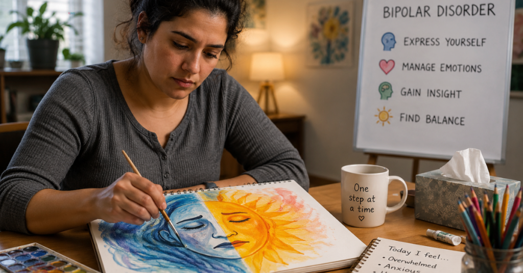 Adult expressing emotions through painting during art therapy for bipolar disorder management.