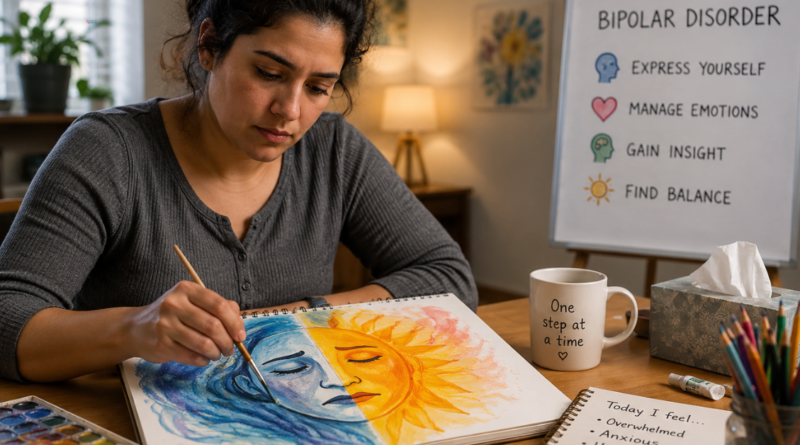 Adult expressing emotions through painting during art therapy for bipolar disorder management.