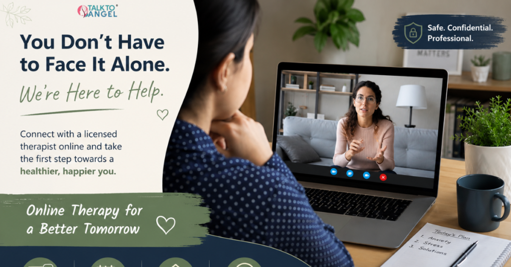 Online therapy session between a psychologist and client discussing mental health concerns virtually.