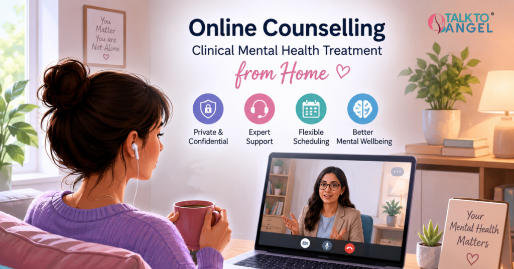 Online counselling session helping an individual access clinical mental health treatment from home.