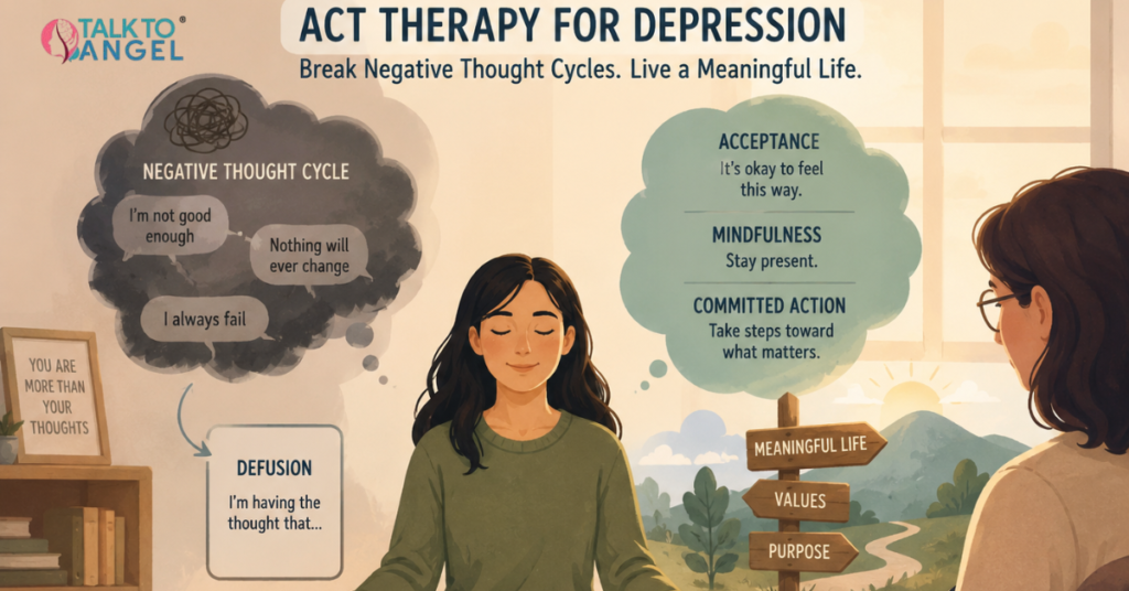 Person practicing mindfulness during ACT therapy to overcome depression and negative thought patterns.