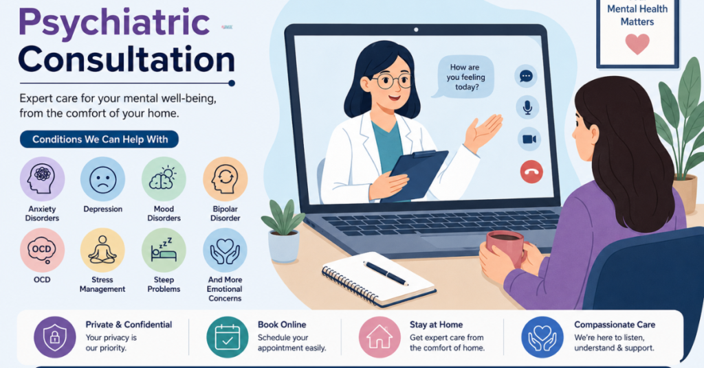 Online psychiatric consultation helping individuals manage anxiety, depression, OCD, and stress from home.