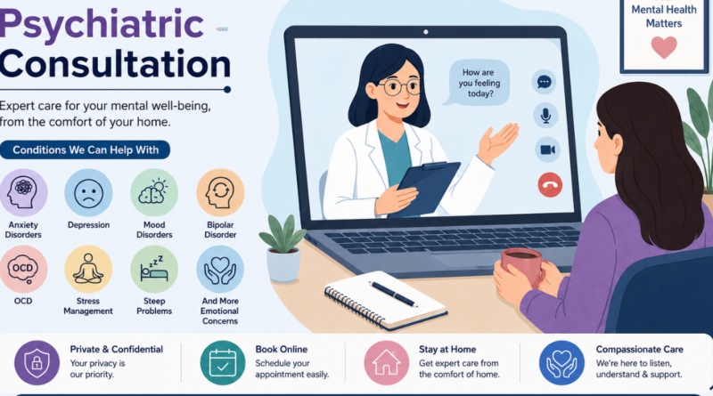 Online psychiatric consultation helping individuals manage anxiety, depression, OCD, and stress from home.