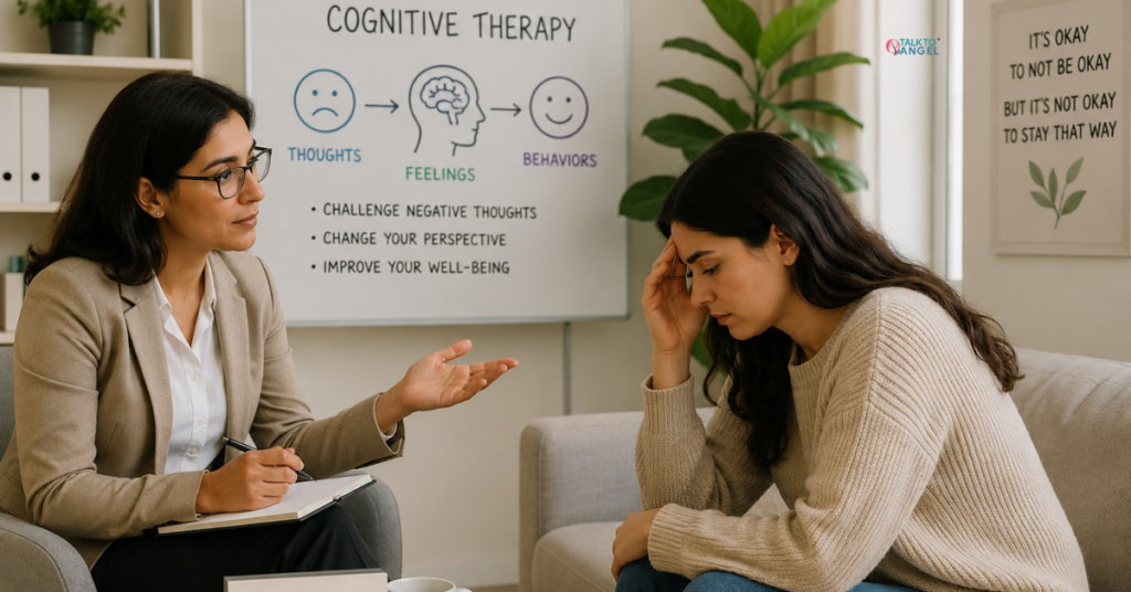 Person receiving cognitive therapy to overcome persistent sadness and manage depression symptoms effectively.