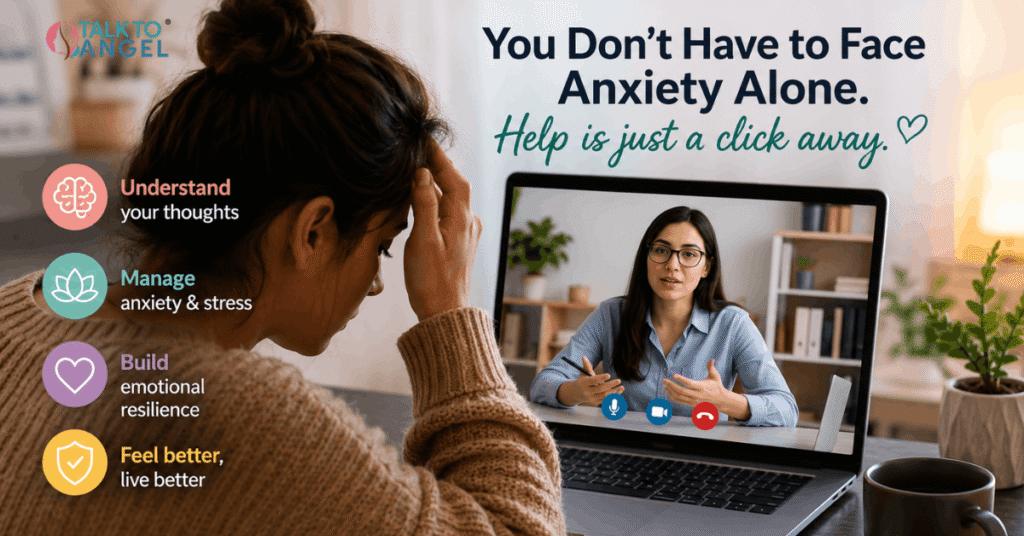 Person experiencing anxiety during a virtual therapy session with an online psychologist for mental health support.