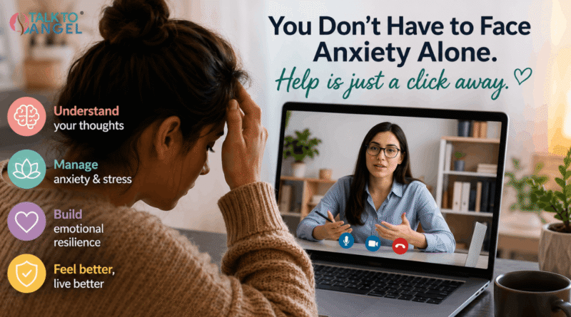 Person experiencing anxiety during a virtual therapy session with an online psychologist for mental health support.